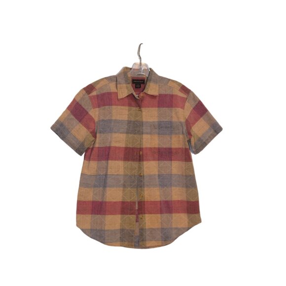 ANGELIQUE Cotton Button-Down Shirt Grey-Red-TanTextures Pattern Round Bottoms S - Picture 9 of 14